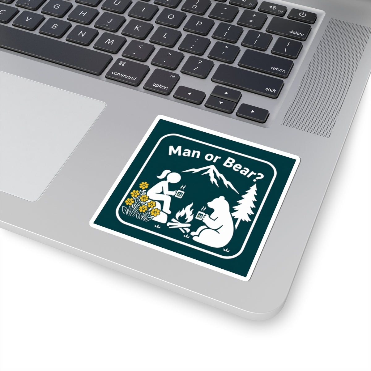 Sticker 3"x 3" Man or Bear? camping scene Kiss-Cut Stickers