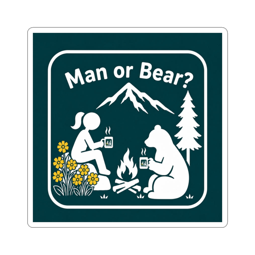 Sticker 3"x 3" Man or Bear? camping scene Kiss-Cut Stickers